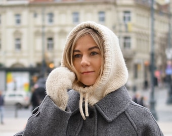 Oversized handmade alpaca wool balaclava hood for women men, chunky knitted minimal helmet, slouchy hat, unisex winter clothing, Christmas