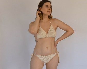 Handmade crochet bikini set, modern knit cotton swimwear, bra and bottoms, crop top, boho mesh lightweight, y2k minimal beachwear clothing