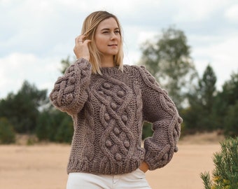 Cable knit wool sweater, oversized handmade sweater, Rowan