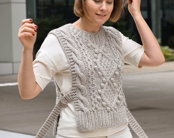 Gilet pull en laine tricoté à la main surdimensionné pour femmes hommes, pull sans manches de pêcheur trapu confortable, vêtements d'automne minimalistes esthétiques unisexes