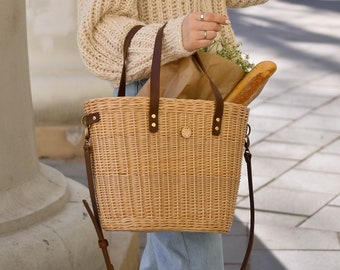 French market bag, wicker picnic basket, leather straps basket, Anemone