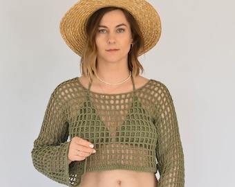 Crochet knitted open weave crop top for women, trendy mesh cotton long sleeve sweater, sheer lightweight pullover, handmade beach clothing
