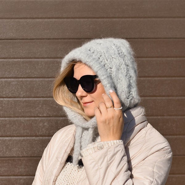 Passamontagna lavorato a mano in lana di alpaca, morbido cappello invernale da donna, cappuccio con cappuccio, casco oversize, accessorio autunnale minimalista, soffice regalo di Natale