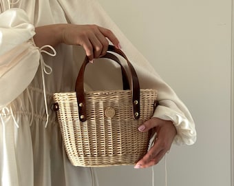 Straw bag for women, handmade luxury wicker basket with leather handles, lined oval purse, vacation tote, Jane Birkin style, gift for her