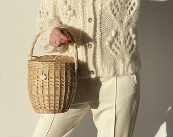 Spring wicker basket with lid, straw bag, summer beach purse, Jane Birkin style, Daisy M