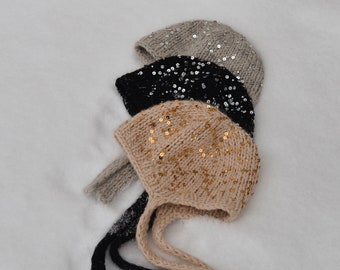 Handmade shiny balaclava for women, golden knitted bonnet cap, sequin beanie, festive fancy hat, warm spring accessories, winter clothing