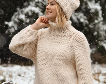 Pure wool hand knit turtleneck, cream oversized chunky pullover for her,  cozy knit minimalist sweater, sustainable christmas gift