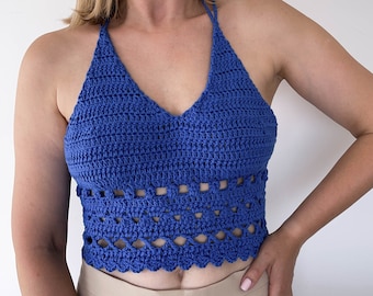 Top in cotone all'uncinetto fatto a mano da donna, bralette corta lavorata a maglia, camicetta con dettaglio lacci sul retro, canotta senza maniche, abbigliamento estetico sostenibile