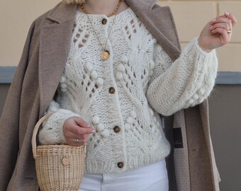 Soft handmade cardigan, cable knit sweater, alpaca pullover Berries