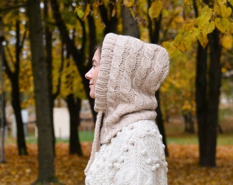 Handmade wool balaclava hood for women and men, modern chunky cable knit couple hat, warm alpaca wool slouchy helmet, fall winter clothing