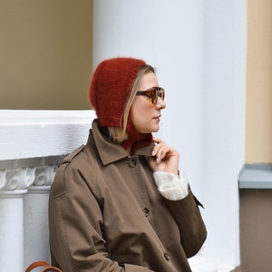 Handgemachte Burgunder Wolle Balaclava Mütze für Frauen, gestrickte flauschige Kaschmir Helm Mütze, skandinavische Herbst Winter Kleidung, Weihnachtsgeschenk Sie