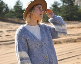 Fluffy hand knit alpaca cardigan, soft mohair v-neck sweater, handmade merino wool pullover, fall clothing for women, Mimosa