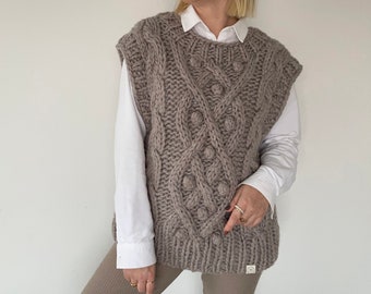 Handmade sweater vest, hand knit sleeveless sweater, wool oversized gilet, chunky cable knit womens waistcoat, fall apparel, Marigold