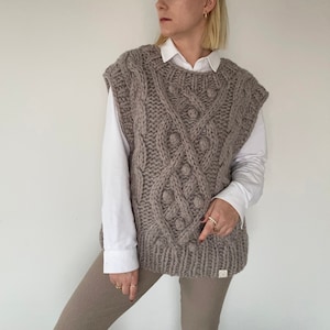 Handmade sweater vest, hand knit sleeveless sweater, wool oversized gilet, chunky cable knit womens waistcoat, fall apparel, Marigold