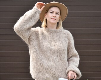 Handmade mohair oversized jumper for women, chunky knit soft sweater, alpaca winter pullover, merino wool autumn knitwear Cornflower