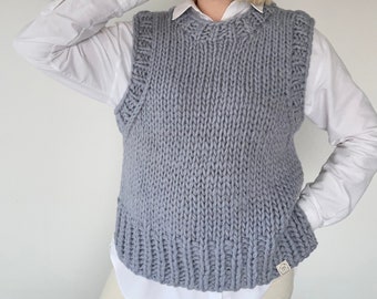 Handmade wool sweater vest, hand knit chunky sleeveless sweater, trendy oversized gilet jumper, chunky cable womens waistcoat, fall apparel