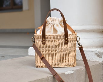 Luxury wicker summer straw bag with leather handles, rectangular basket, bucket purse, Salvia