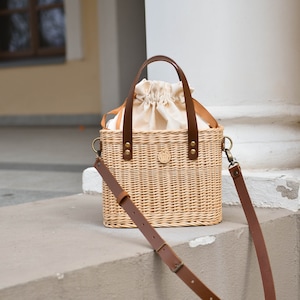 Luxury wicker summer straw bag with leather handles, rectangular basket, bucket purse, Salvia