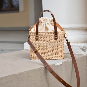 Luxury wicker summer straw bag with leather handles, rectangular basket, bucket purse