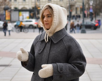 Ensemble cagoule et mitaines en laine crème faites à la main pour femmes et hommes, casque et gants épais assortis en tricot, vêtements d'hiver en alpaga, après-ski