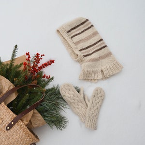 Hand knitted balaclava and mittens alpaca wool set for women and men, matching gloves and hood hat, helmet, warm aspen ski winter accessory