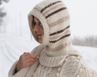 Handmade wool balaclava hood for women men, knitted cozy striped helmet hat, unisex skiing mask, aesthetic minimal winter holiday clothing