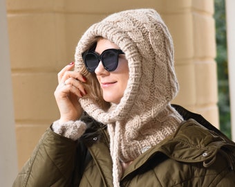 Cable knit alpaca wool slouchy balaclava hood for women and men, chunky handmade helmet, oversized unisex winter hat, custom couple gift