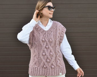 Brauner grobstrick handgemachte Pullover Weste für Frauen, handgestrickter Wolle ärmelloser Pullover, Geschenk für Mama, übergroßer Pullover, Zopfmuster