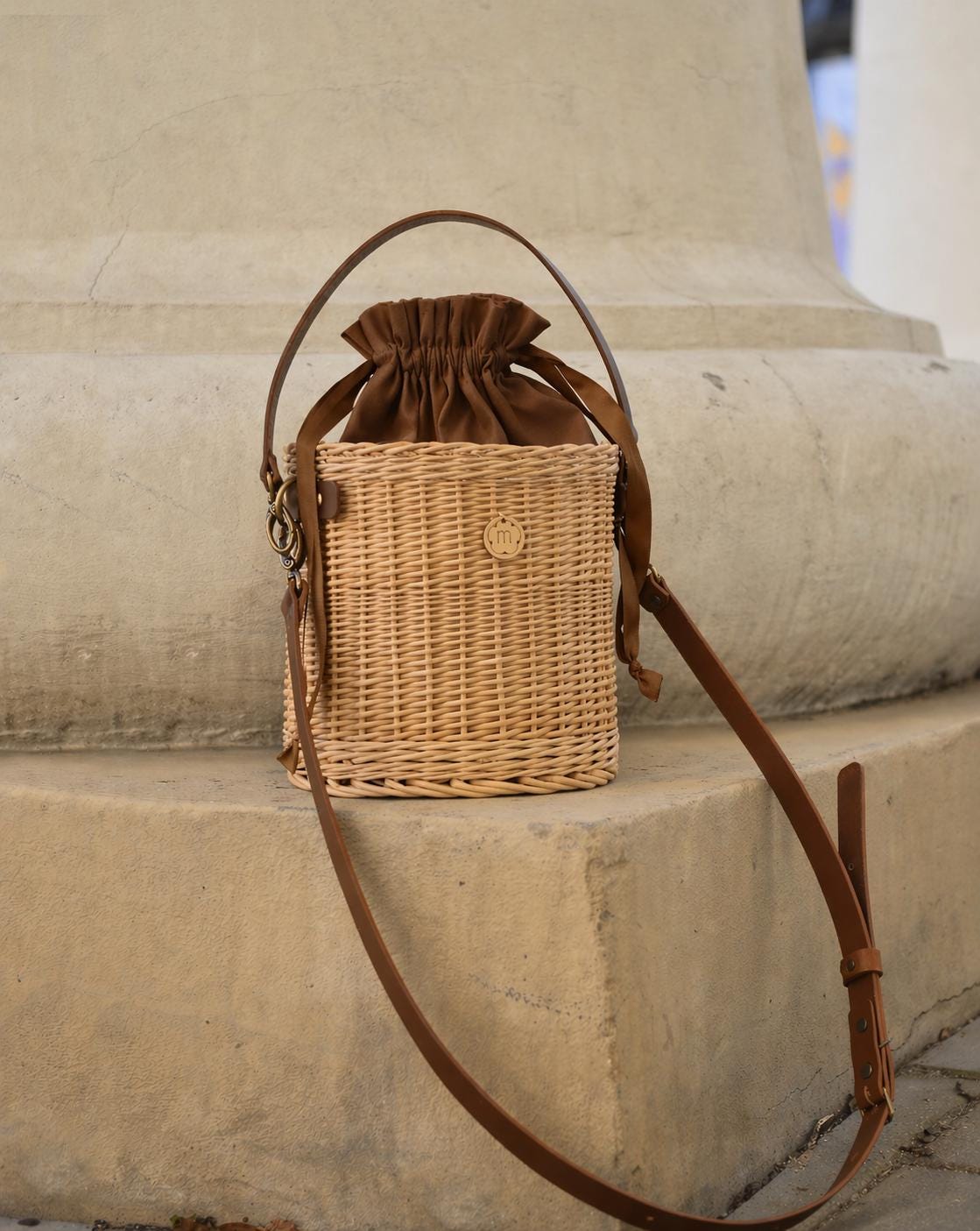 Round Wicker Basket, Star Bucket Bag With Leather Handles, Jane