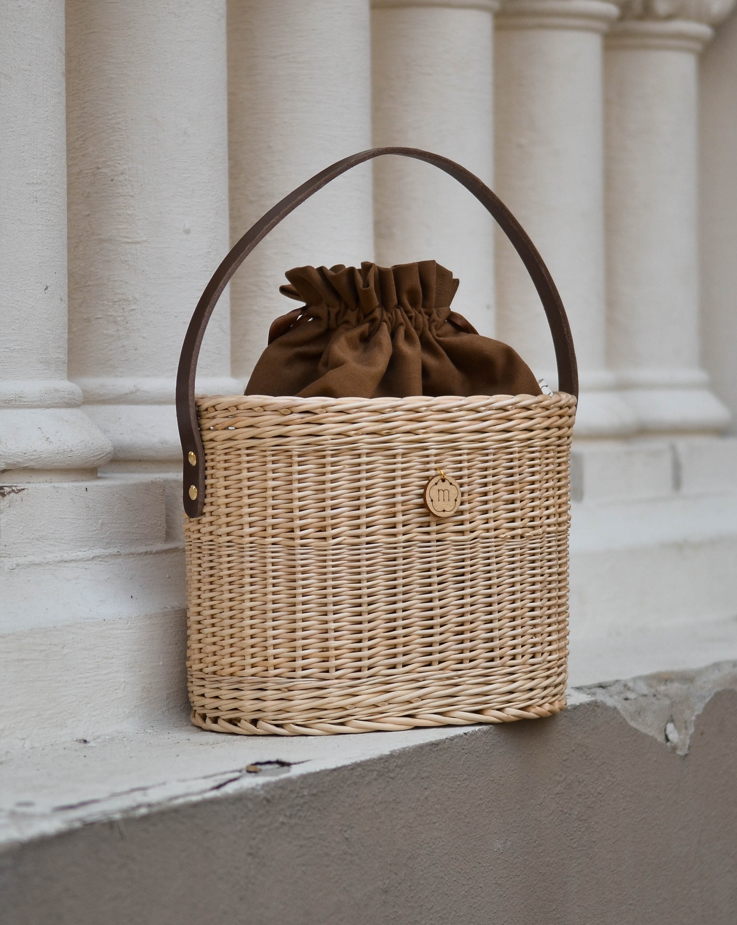 Straw Bucket Bag, Wicker Summer Bag, Beach Bag, Leather