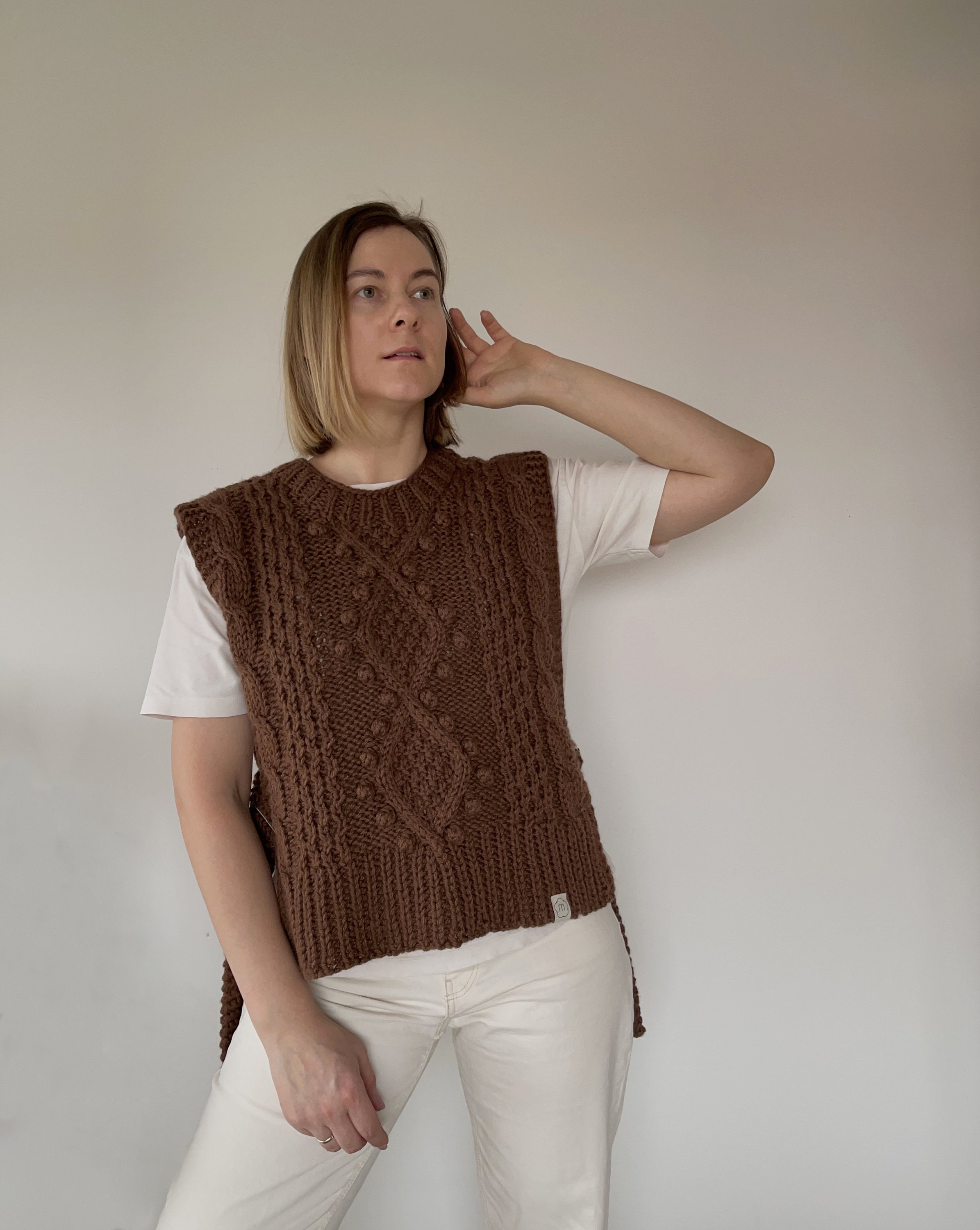 Chunky Hand Knit Alpaca Wool Sweater Vest for Women, Cable