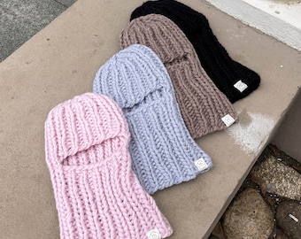 Handknit chunky wool funny balaclava hood, oversized colourful warm helmet hat for winter, bestseller Christmas gift idea for her for him