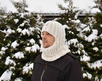 Chunky mens handmade wool balaclava, knitted ski adult hood hat, warm row face cover, sustainable couple winter clothing