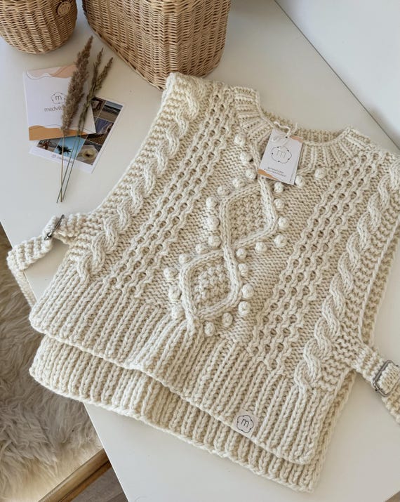 Hand-knitted alpaca wool sweater vest for women, cable knit sleeveless jumper, metal detail gilet, scandinavian style, apres ski fall winter