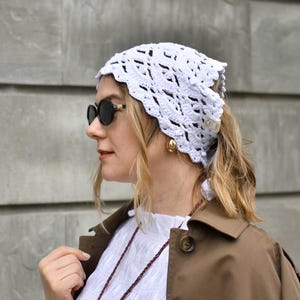 Crochet handmade lace bandana for women, elegant floral triangle scarf, knit headband, headscarf summer beachwear vacation hair accessory