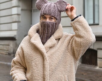 Cartoon Bear Ear Balaclava Ski Mask – Knitted Windproof Hat For Teens & Adults, Eye Exposed, Party Costume