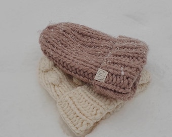 Hand knit chunky wool ribbed beanie hat for women, mens basic hat, loose slouchy cap, unisex winter accessory, handmade cozy gift for couple