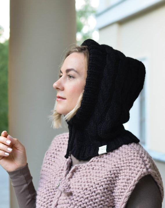 Black Knitted Wool Balaclava Hood Unisex, Handmade Cable  display picture 2