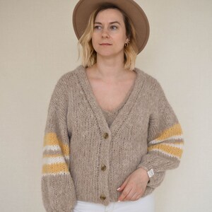 Striped mohair cardigan, handmade v-neck sweater, alpaca pullover Mimosa image 3