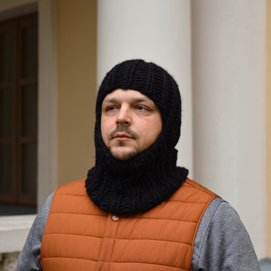 Mens Chunky Hand Knit Wool Balaclava Hat, Black Ski Mask Unisex