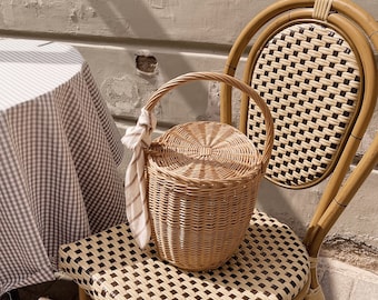 Panier en osier avec couvercle, sac à main en osier, sac d'été, sac de plage, sac en paille, panier Jane Birkin, panier pique-nique, sac de marché français, Daisy M