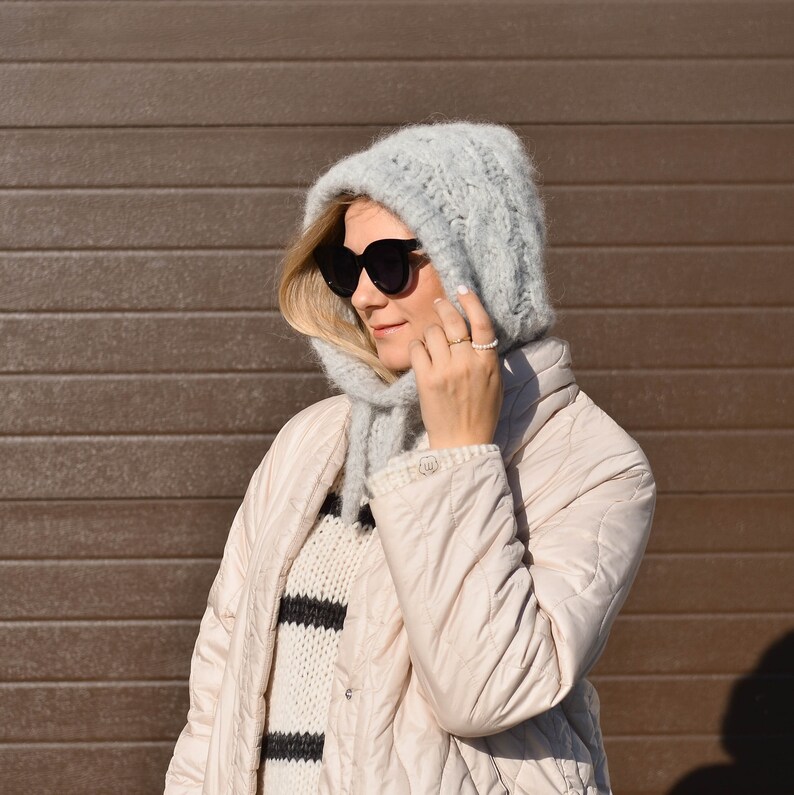 Alpaca wool hand knit balaclava, soft winter hat for women, hooded cowl, oversized helmet, minimalist fall accessory, fluffy christmas gift Pearl grey