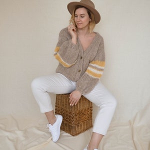 Striped mohair cardigan, handmade v-neck sweater, alpaca pullover Mimosa image 8