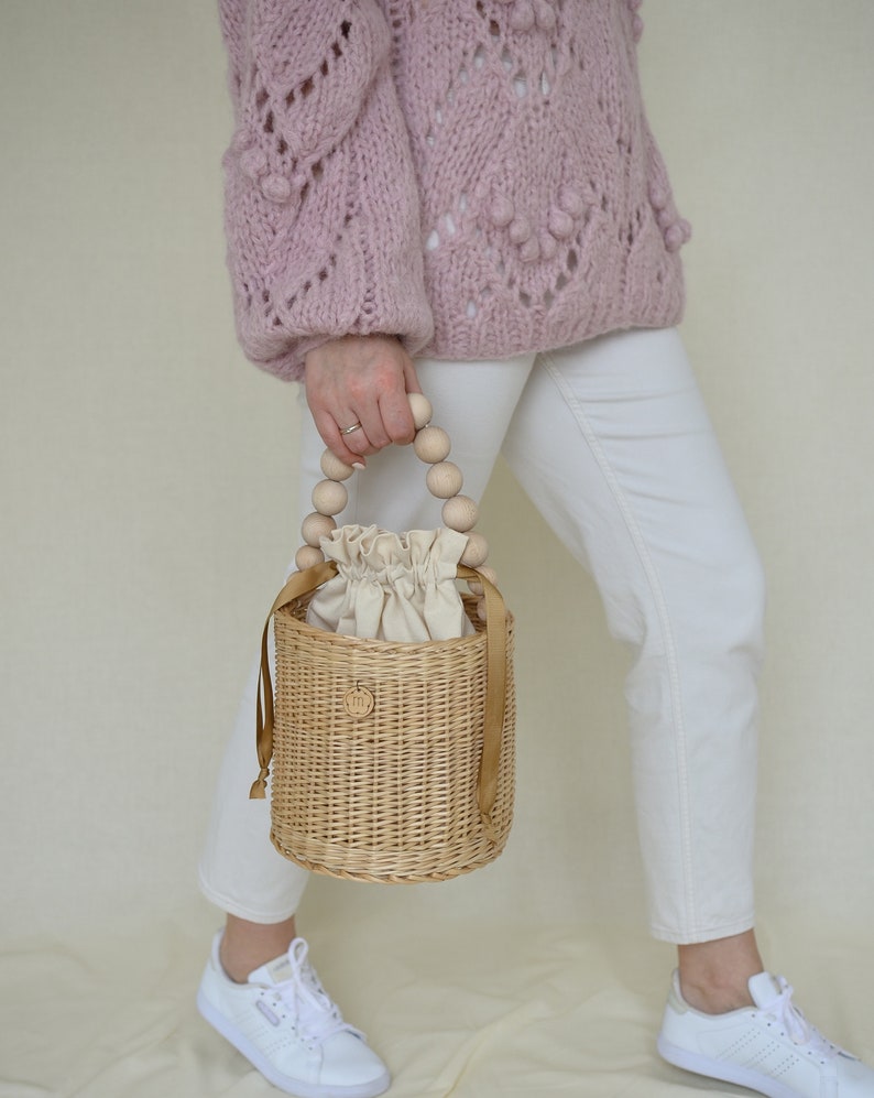 Panier seau en osier avec anse en bois, sac à main en paille, sac à main d'été, cabas de plage image 8