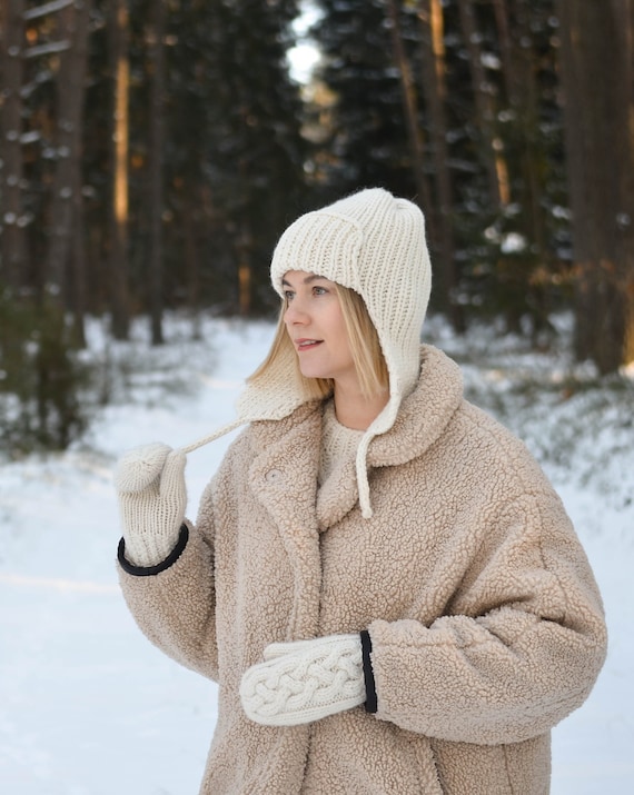 Aviator Handmade Wool Cap With Ear Flaps for Women Men, Knitted
