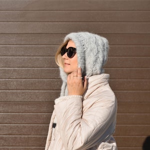 Alpaca wool hand knit balaclava, soft winter hat for women, hooded cowl, oversized helmet, minimalist fall accessory, fluffy christmas gift image 3