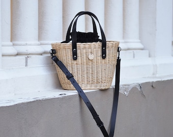 Sac en osier de luxe avec poignées en cuir pour femme, panier seau en paille fait main, sac à main ovale, vacances d'été, vêtements de printemps, cadeau pour elle