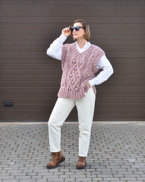 Cable Knit Wool Vest, Handmade Chunky Sleeveless Sweater - Etsy