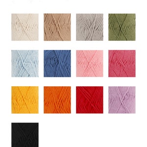 May include: A collection of yarn skeins in various colors, including white, beige, gray, green, light blue, blue, pink, red, orange, yellow, purple, and black.