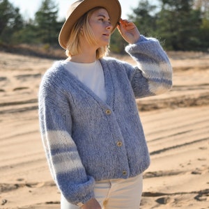 Striped mohair cardigan, handmade v-neck sweater, alpaca pullover Mimosa image 9